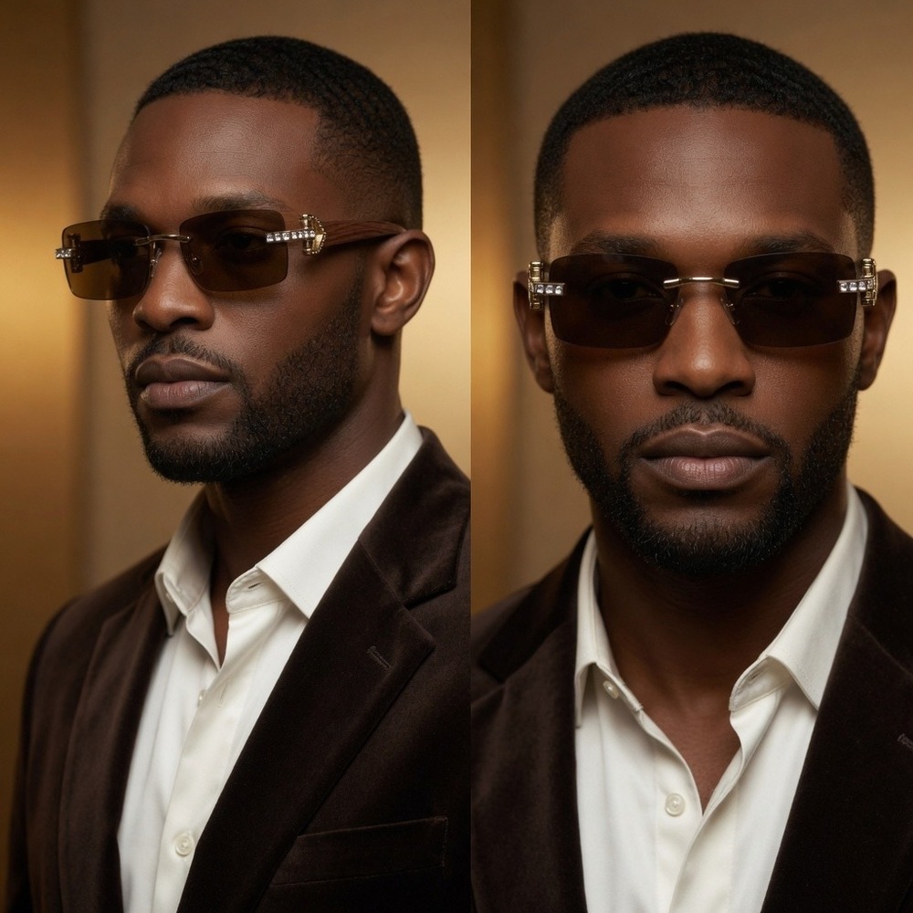 Mens Rimless Sunglasses Rectangle‎ Brown Lens Gold Accents Bling Hip Hop Shades